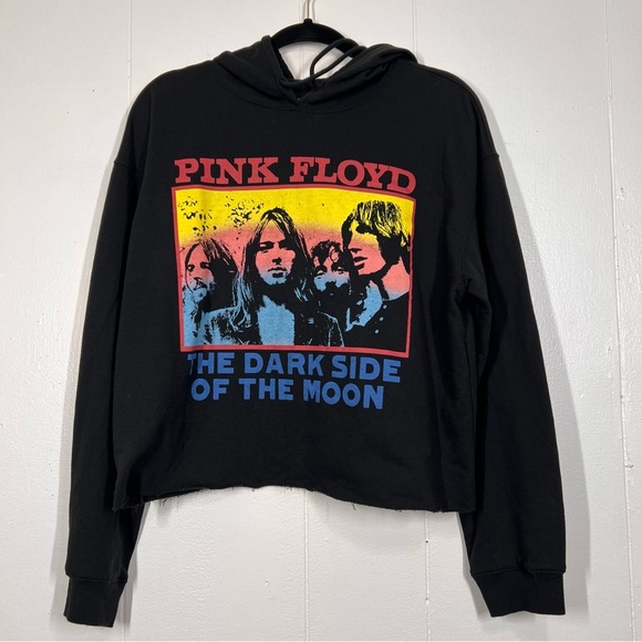 Pink Floyd Black Graphic Hoodie Sweater Cropped Frayed Hem Large Music Cozy - Picture 1 of 6